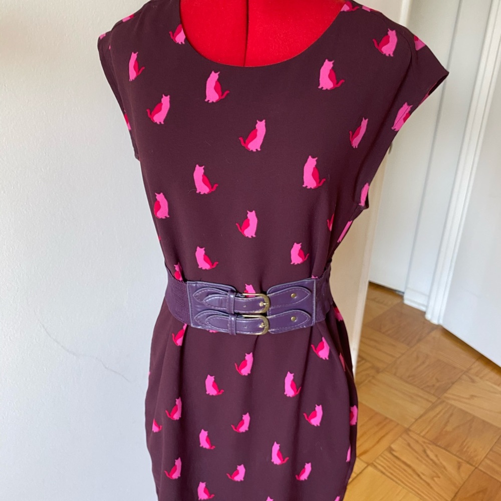 Magenta Pink Cat Print Ann Taylor Loft Shift Dress